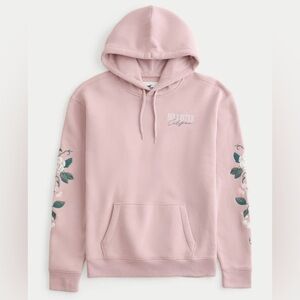 HOLLISTER CO Floral Roses Embroidered Logo Pink Graphic Hoodie Mens Size M blush